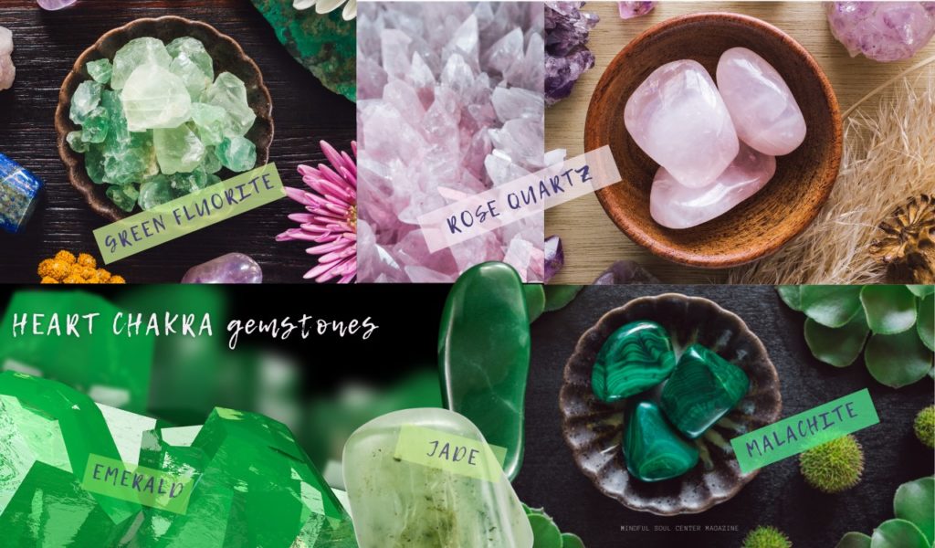 Gemstones and the heart chakra: jade, emerald, rose quartz, malachite and green flourite