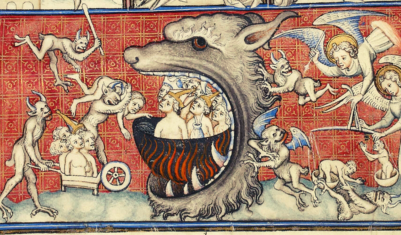 artwork: Kings, Popes in the mouth of hell. BNF, Français 22912, detail of f. 2v. St Augustine, De civitate dei. 1375-137, Genre: Medieval Art