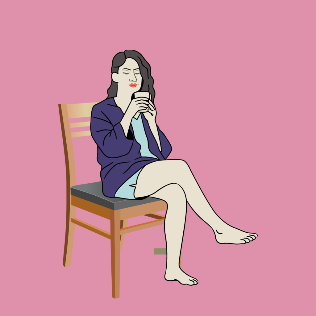 Seated woman enjoying a beverage - illustration for The Art of Being - Mindful Soul Center magazine