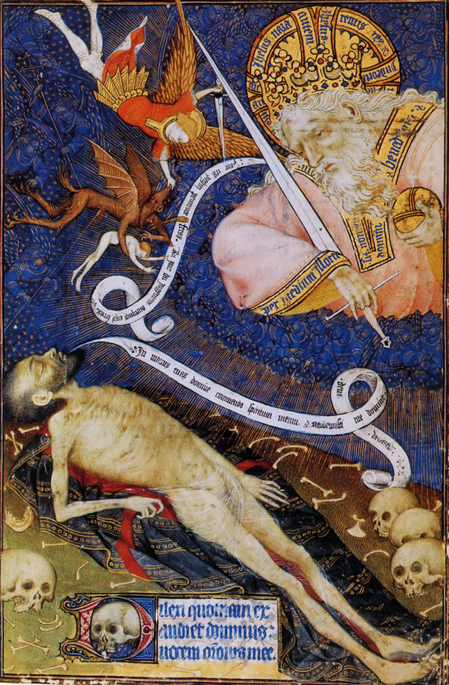 Le  Mort devant son juge Painting from Grandes heures de Rohan: The dead man before God. A demon attempts to steal his soul, but is attacked by St Michael the Archangel. Public Domain image from 15th century